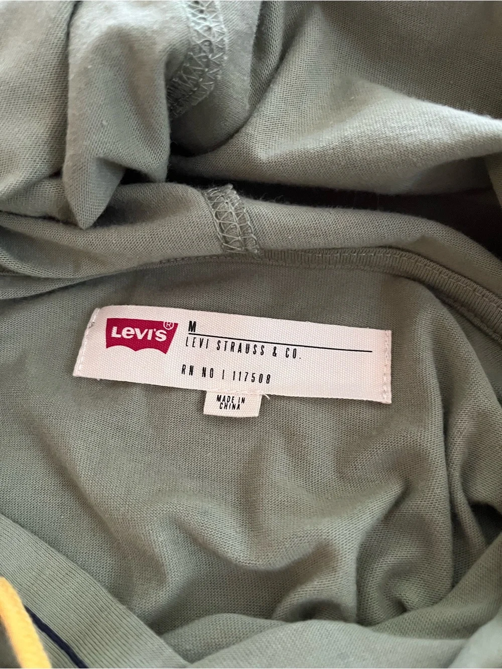 Levi's Olive Green Pinstripe Hooded Pullover with Yellow Drawstrings